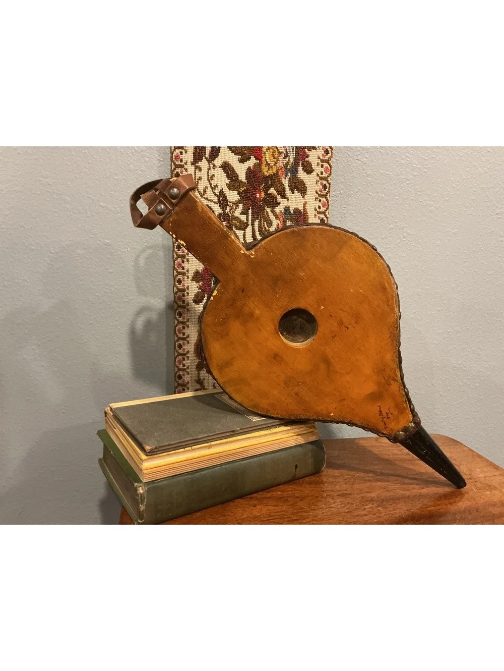 Vintage Tole Painted Fireplace Bellows, Hand Painted Fruit Design, Wood Leather